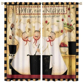 Kitchen Chef with Gourmet Curtain Bedroom Living Room, Red Check Half and Half Pattern Cartoon Chef and Gourmet Curtain, Red Theme Room Bedroom Blackout Curtain 42x45in