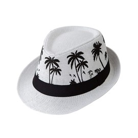 ECYC Ltd Unisex Panama Straw Hats Short Brim Fedora Straw Hat Trilby Hat Palm Tree Print Summer Beach Sun Hat Cap for Men Women