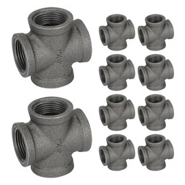 3/4" Pipe Fittings 4-Way Cross Fitting - Home Expert 4 Pack Malleable Cast Iron 4-Way Connector Threaded Pipe Fittings for Industrial Pipe Shelves Bracket, Vintage Industrial Pipe Furniture