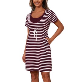 Nursing Dress for Breastfeeding Summer Short Sleeve Striped Maternity Dress with Pockets S