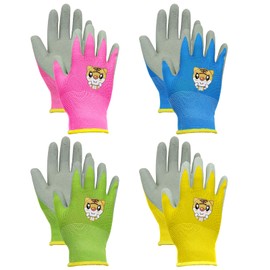 BORISCA 4 Pairs of Children's Gardening Gloves, Work Gloves with Tiger Motifs in 4 Colours, Cute Children's Gloves, Garden Wear-Resistant, Non-Slip Protective Gloves for 7-10 Years Children