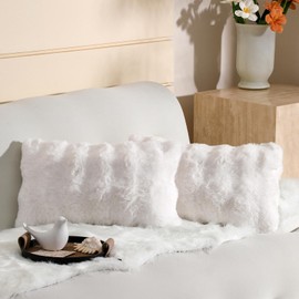 linmopm Excluding Insert Faux Rabbit Fur Bubble Pack of 2 Throw Pillow Cover Double Side 12x20 Inch White Thick Plush Dense Fuzzy Decorative Cushion Covers for Couch Bedroom