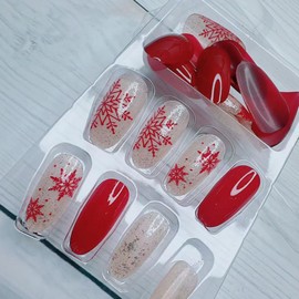 Christmas Glitter Press on Nails Medium oval Wine Red Fake Nails with Gold Glitter Snowflake Design Xmas Press on Full Cover Winter Christmas False Nails Glue Stick on Nails for Women 24PCS