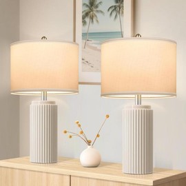 23.5’’ Farmhouse Table Lamps for Living Room Set of 2, Modern Elegant Ceramic Bedside Nightstand Lamps with White Linen Shade for Bedroom, Coastal Lamps Set for Study Home Office:_Cream-2_23.5"
