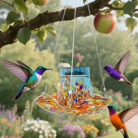 Outdoor Kolibri-Futterautomat | Solarglas Kolibri-Futterspender Mit Solarleuchte | Vogelbad Gartendeko Mit Solardekoration Buntglas-Landschaftsornamente Geburtstagsgeschenk Für Damen Herren