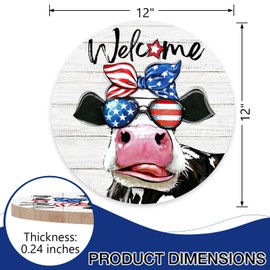 Deroro Welcome 4th of July Patriotic Cow Front Door Sign, USA America Stars Stripes Farmhouse Wood Door Hanger Outdoor Porch Decor, American Memorial Day Wooden Wreath Indoor Wall Hanging Decoration