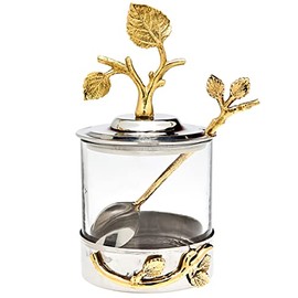 Godinger Leaf Jam/Honey Jar with Spoon, Silver/Brass