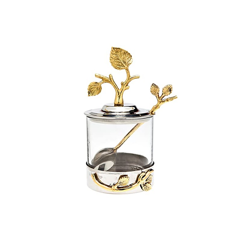 Godinger Leaf Jam/Honey Jar with Spoon, Silver/Brass