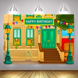Photography Background Happy Birthday Cartoon Street Theme Brick Wall Children's Baby Party Baby Shower Decoration Banner Props Vinyl 5x3 ft