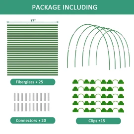 Garden Hoops for Raised Beds, 25pcs Greenhouse Hoops,Fiberglass 2- 8ft, Garden Tunnel with 15 Clips, Detachable Hoop House Frame for Row Cover,Garden Netting, Plant Covers