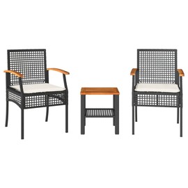 vidaXL Outdoor Bistro Set 3 Piece with Cushions - Poly Rattan & Acacia Wood - Patio/Garden Furniture - Black/Brown - 15.7"x15.7"x16.5" Table - 21.3"x22.4"x33.5" Chair