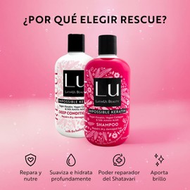 Lu LatinUs Beauty RESCUE Dúo Natural Reparador Shampoo + Acondicionador Anti-Frizz con Keratina Vegana y Shatavari para Cabello Débil, Seco y Dañado Químicamente
