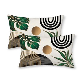 DAFENA Black Boho Pillow Covers 12x20 Inch 2 Pcs Green Gold Tropical Leaf Mid Century Summer Outdoor Decor Throw Pillows Modern Geometry Farmhouse Decoration Pillowcase Linen Cushion Cover for Couch