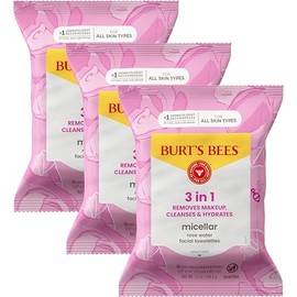 Burts Bees - Toallas faciales micelar de agua de rosas, 100% tela a base de plantas; 99% origen natural; quita el maquillaje, limpia, hidrata; sin res