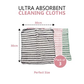 Ultra Absorbent Cleaning Cloths 3-Pack – Machine Washable Microfiber Cloths for Wet or Dry Use, Assorted Colours with Geometric Design, 30x30cm