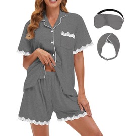 MORFORU Pajamas for Women Set 2 Pcs Lace Short Sleeve Shorts Pjs Button Down Sleepwear Lounge Set with Sleep Mask, Hairband (M) Grey