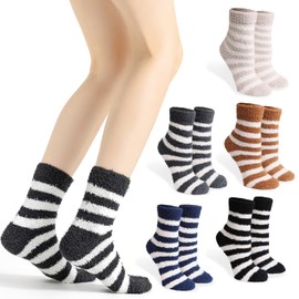ForBaysy Fuzzy Socks Cozy Fluffy Plush Slipper Socks Microfiber Soft Home Sleeping Socks Winter Warm Christmas Socks For Women, Striped-5packs, One Size