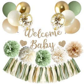 Shyhfdc Sage Green Baby Shower Decorations, Gender Neutral Baby Shower Decorations with Welcome Baby Banner Balloons Pom Poms Tassel Garland Neutral Gender Reveal Birthday Party Supplies