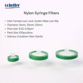 COBETTER 100 Pack Syringe Filter Nylon Lab Filters 0.45μm Pore Size 33mm Diameter Hydrophilic Filtration Non-sterile, Green