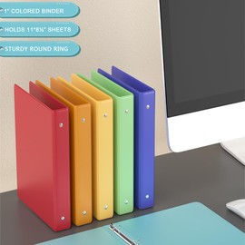 6 Pack 1 Inch Round 3 Ring Binder with 2 Interior Pockets,Holds 200 Sheets Letter Size Paper,Resistant,PVC Free, Assorted Colors Versatile Binders for Office, Home, and School Use