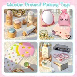 Toyssa Wooden Makeup Toy Set for Girls, Play Pretend Makeup for Toddlers 3-5 Princess Dress Up with Mask & Mirror, Skin Care Set Wooden Toys Christmas Birthday Gifts for 3 4 5 6 Years Girls