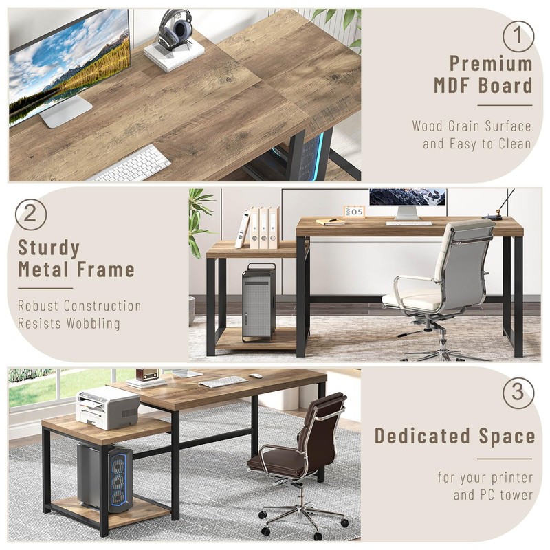 63 Inch Large Computer Desk with Printer Space & PC