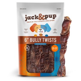 Jack&Pup 6" Bully Twists | Odor Free Bully Sticks for Dogs | Single Ingredient Dog Chew Sticks for Light Chewers | All Dog Breeds (25 Ct)