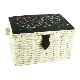 Medium Sewing Box, Wicker Effect with a Multi-coloured Pins Pattern on Black Fabric Lid, 26 x 19 x 15cm