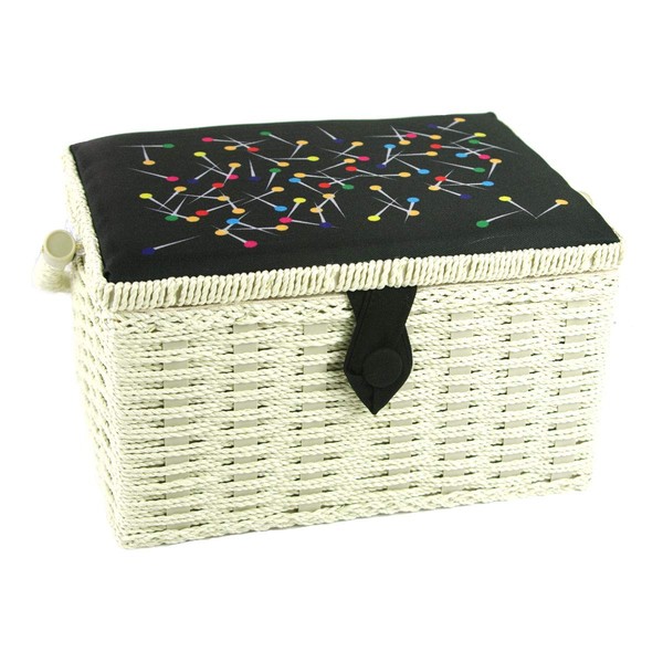 Medium Sewing Box, Wicker Effect with a Multi-coloured Pins Pattern