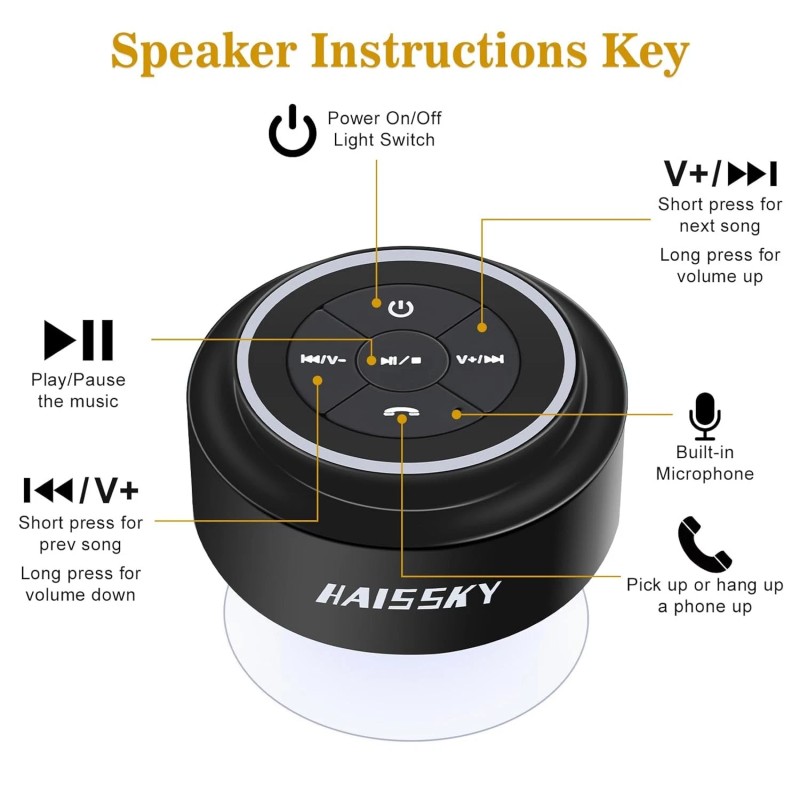 HAISSKY Bluetooth Shower Speaker, Portable IP67 Waterproof, LED Light