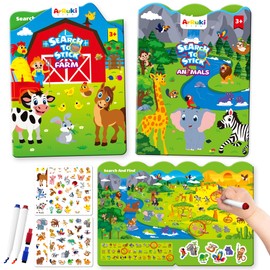 ArRuKi KIDS Reusable Jelly Sticker Books with Search & Find Game,2 Sets Travel Stickers for Kids, Waterproof Sticker Books with Reusable Activity Mats, Toddler Craft Activities-Farm, Wild Animals