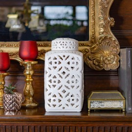 Red Lantern 12" White Carved Square Ginger Jar