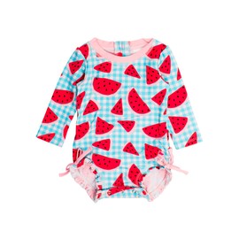RuffleButts Baby Girls UPF 50+ Sun Protection Gingham Printed Long Sleeve One Piece Rash Guard Swimsuit with Zipper - Watermelon Gingham, 12-18m