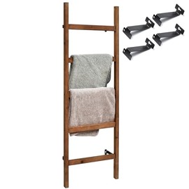 FUIN Wall Mounted 57in Wooden Blanket Ladder Living Room Decorative Farmhouse Quilt Display Holder Rustic Wood Towel Rack for Bathroom, Brown