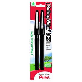 Pentel Rolling Writer Roller Ball Pen, Medium Line, Black Ink, 2 Pack (R100BP2A)