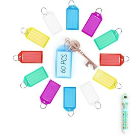 Pack of 60 Key Fobs, Can Be Written On, Plastic, 6 Colours, Key Tags with Loops, Key Labelling for Keys, Suitcases, 6 colours