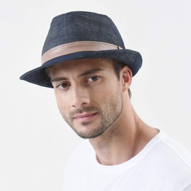 WITHMOONS Denim Cotton Fedora Hat with Faux Leather Band LD3279 (Blue, XL)