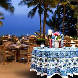 Sweet Us Blossom Burst Floral Cotton Block Print Tablecloth and One Gray Napkin, Floral Kitchen Dining Table Cloth, Table Cover for Indoor and Outdoors, Blue Lagoon, 72-in Round