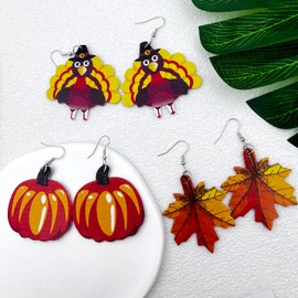 3Pairs Fall Earrings 2024 Thanksgiving Earrings for Women Fall Pumpkin Turkey Maple Leaf Leather Earring Thanksgiving Dangle Earring Festival Holiday Autumn Earring Jewelry-leather/Turkey