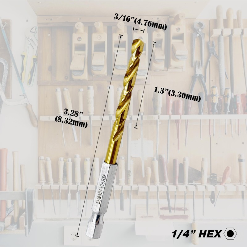 LU&MN Titanium HSS Twist Drill Bits, Hex Shank, 3/16", 10
