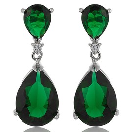 [RIZILIA CELEBOX] Teardrop Dangle Pierced Earrings with Pear Cut Gemstones CZ [Green Emerald] in 18K White Gold Plated, Celebrity inspired by Angelina Jolie