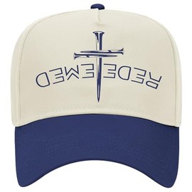 Trenz Shirt Company Mens Embroidered Otto Cap 5 Panel Mid Profile Baseball Cap - Upside-Down Redeem Design with Nails Cross, Royal/Natural
