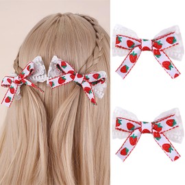 Strawberry Hair Bow Clips for Girls Cute Fruit Hair Clips for Women Red Bows Hairgrips with White Lace Summer Fruit Strawberry for Toddler Barrettes Hawaii Trip Hair Bow Birthday Party Decor 2Pcs