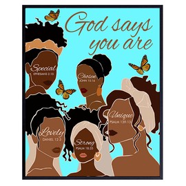 Black African American Women Wall Art & Decor - African American Girls - God Says You Are - Inspirational Christian Wall Decor- Spiritual Religious Gifts - Positive Quotes Bible Verses - Afro Wall Art