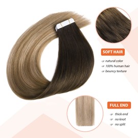 XDhair Tape In Hair Extensions Human Hair 50g 20pcs 20 Inch Balayage Ombre Dark Brown to Dirty Blonde Tape In Hair Extensions Remy Human Hair(#2/6/18,20Inch)
