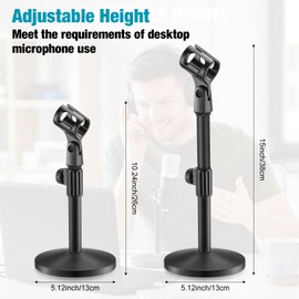 Hoteam 2 Pcs Desktop Microphone Stand Adjustable Table Mic Stand Mic Clip Mic Stand Desk with 5/8" Male to 3/8" Female Screw Metal Round Base for Table Desk Interviews, Black