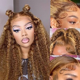 Highlight Curly Wig Human Hair 16 Inch 13x4 Deep Wave HD Lace Front Wigs Human Hair 5/27 Colored Deep Curly Lace Frontal Wigs C Part Wig for Woman Pre Plucked with Natural Hairline 220% Density