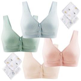 Joyancejt Maternity Bra, Set of 4, Open Front, Cotton, Nursing Bra, Night Bra, Wireless, Solid, Soft, Large Size, Green + Light Blue + Beige + Light Pink