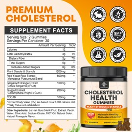 Cholesterol Supplements Gummies, Support Healthy Cholesterol Levels with 1200mg Plant Sterols & Stanols, Bergamot Orange Extract, Red Yeast Rice for Women & Men, Pineapple Flavor, 60 Counts