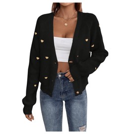 GORGLITTER Women's Cardigan Casual Knitted Coat Outwear Pullover Thin Jacket Sweater Coat with Heart Embroidery, black